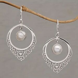 Silver Pearl Round Filigree Dangle Earrings